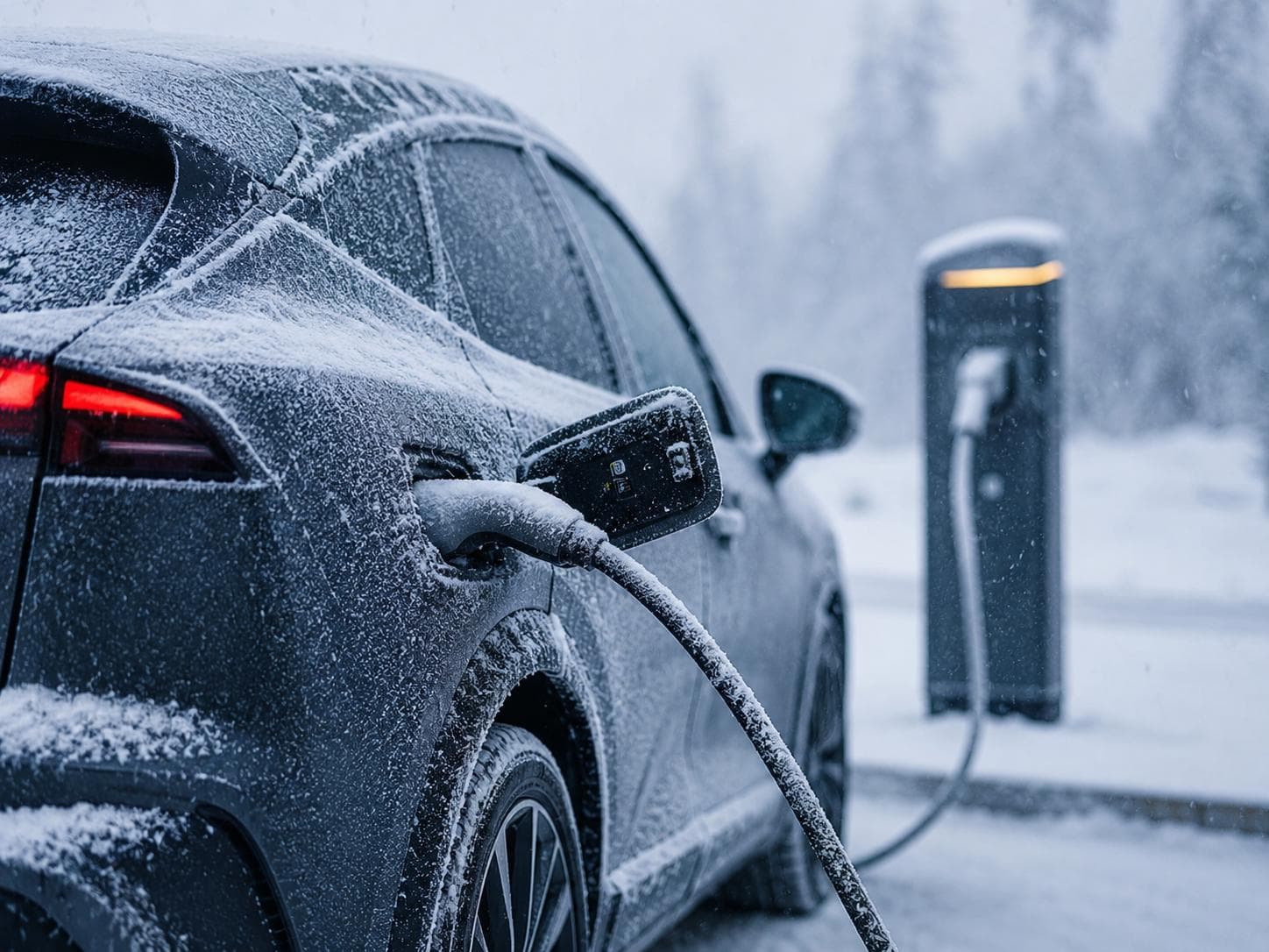 Frost-covered electric vehicle connected to a charging station during snowfall
