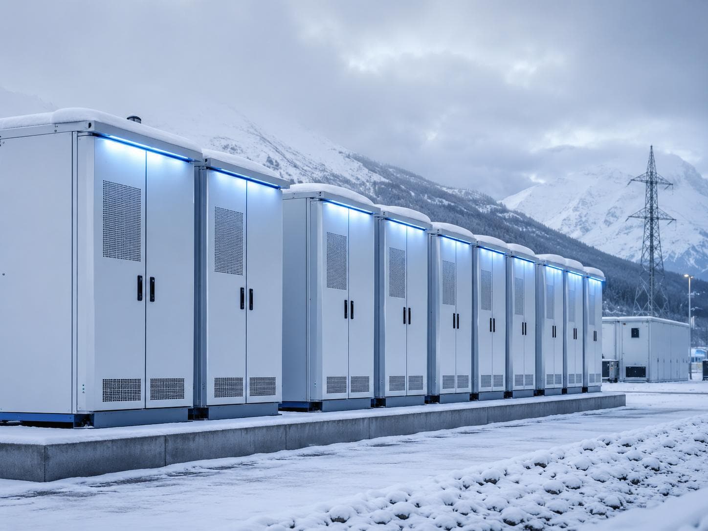 Row of outdoor high-voltage energy storage cabinets in a snowy mountain setting